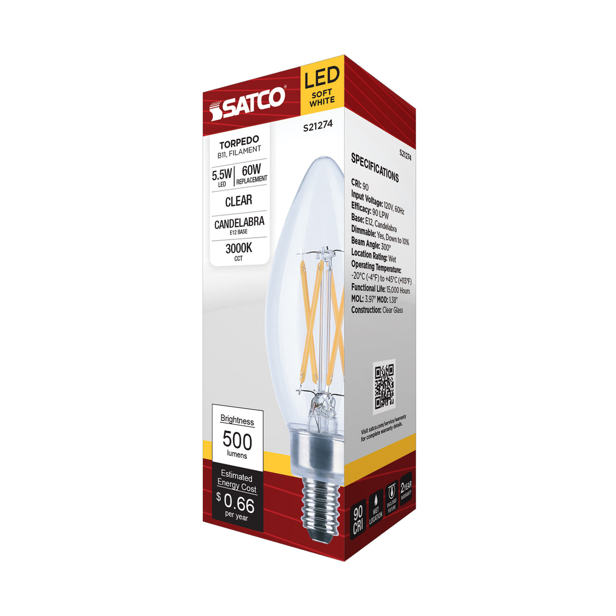 5.5 Watt B11 LED Filament - Clear - Candelabra base - 90 CRI - 3000K - 120 Volt