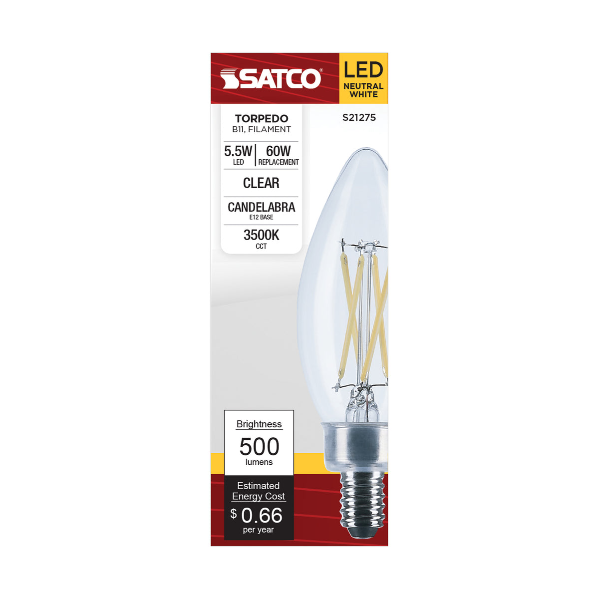 5.5 Watt B11 LED Filament - Clear - Candelabra base - 90 CRI - 3500K - 120 Volt