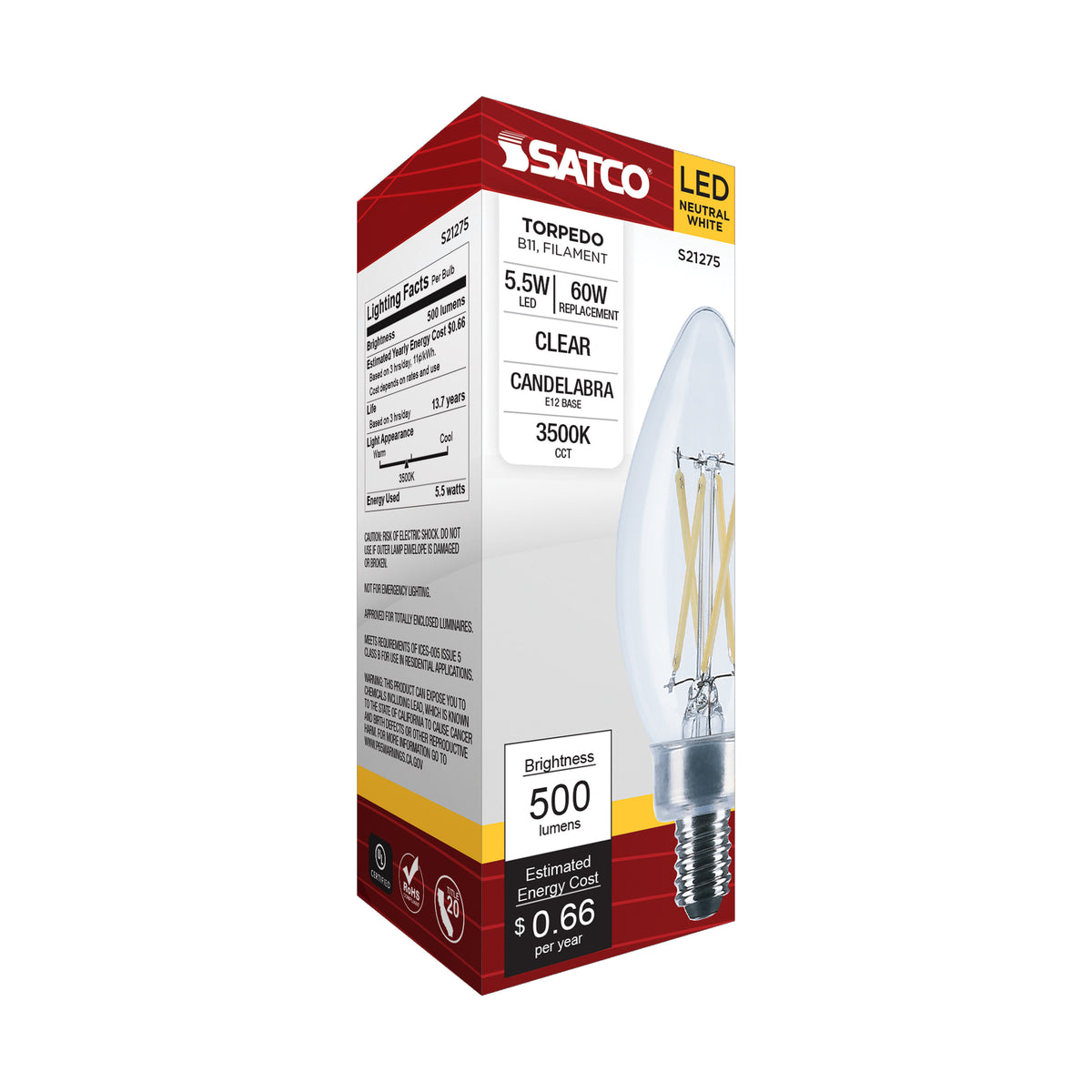 5.5 Watt B11 LED Filament - Clear - Candelabra base - 90 CRI - 3500K - 120 Volt