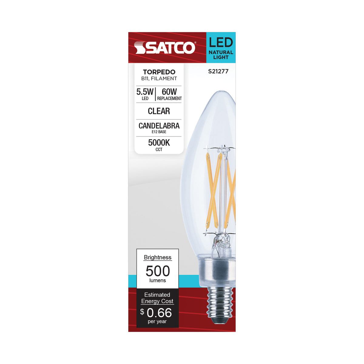 5.5 Watt B11 LED Filament - Clear - Candelabra base - 90 CRI - 5000K - 120 Volt