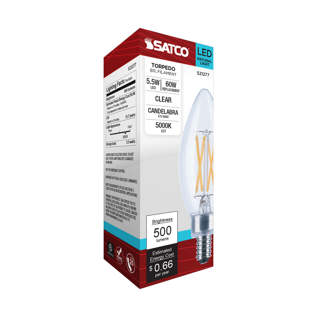 5.5 Watt B11 LED Filament - Clear - Candelabra base - 90 CRI - 5000K - 120 Volt