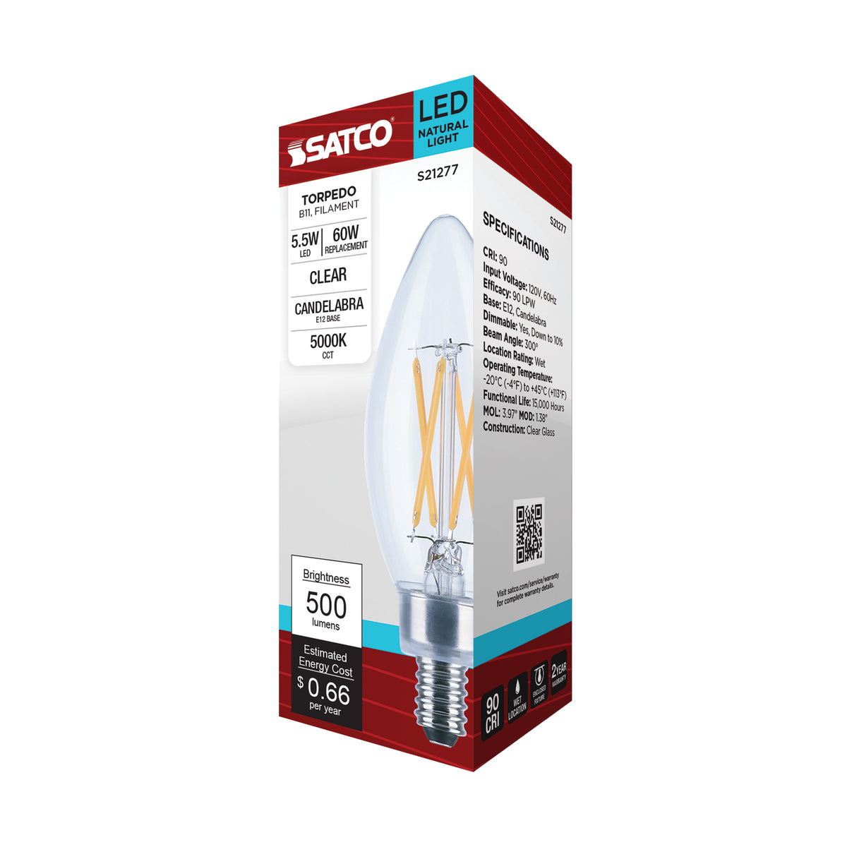 5.5 Watt B11 LED Filament - Clear - Candelabra base - 90 CRI - 5000K - 120 Volt