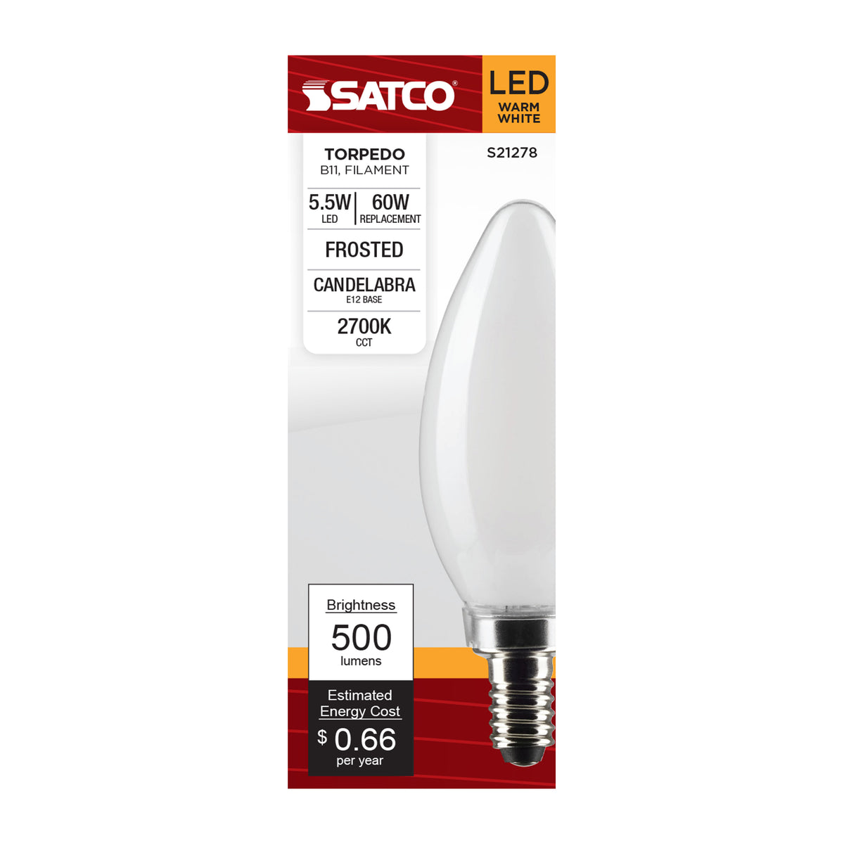 5.5 Watt B11 LED Filament - Frost - Candelabra base - 90 CRI - 2700K - 120 Volt