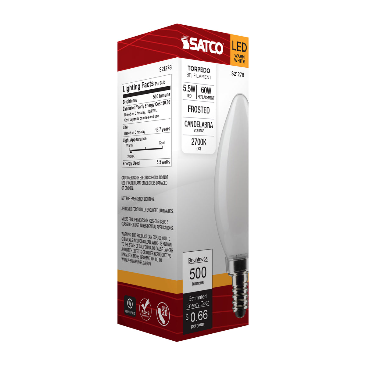 5.5 Watt B11 LED Filament - Frost - Candelabra base - 90 CRI - 2700K - 120 Volt