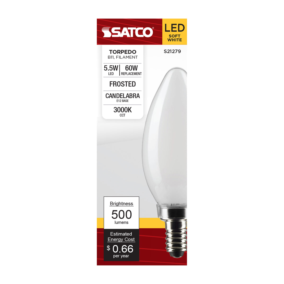 5.5 Watt B11 LED Filament - Frost - Candelabra base - 90 CRI - 3000K - 120 Volt
