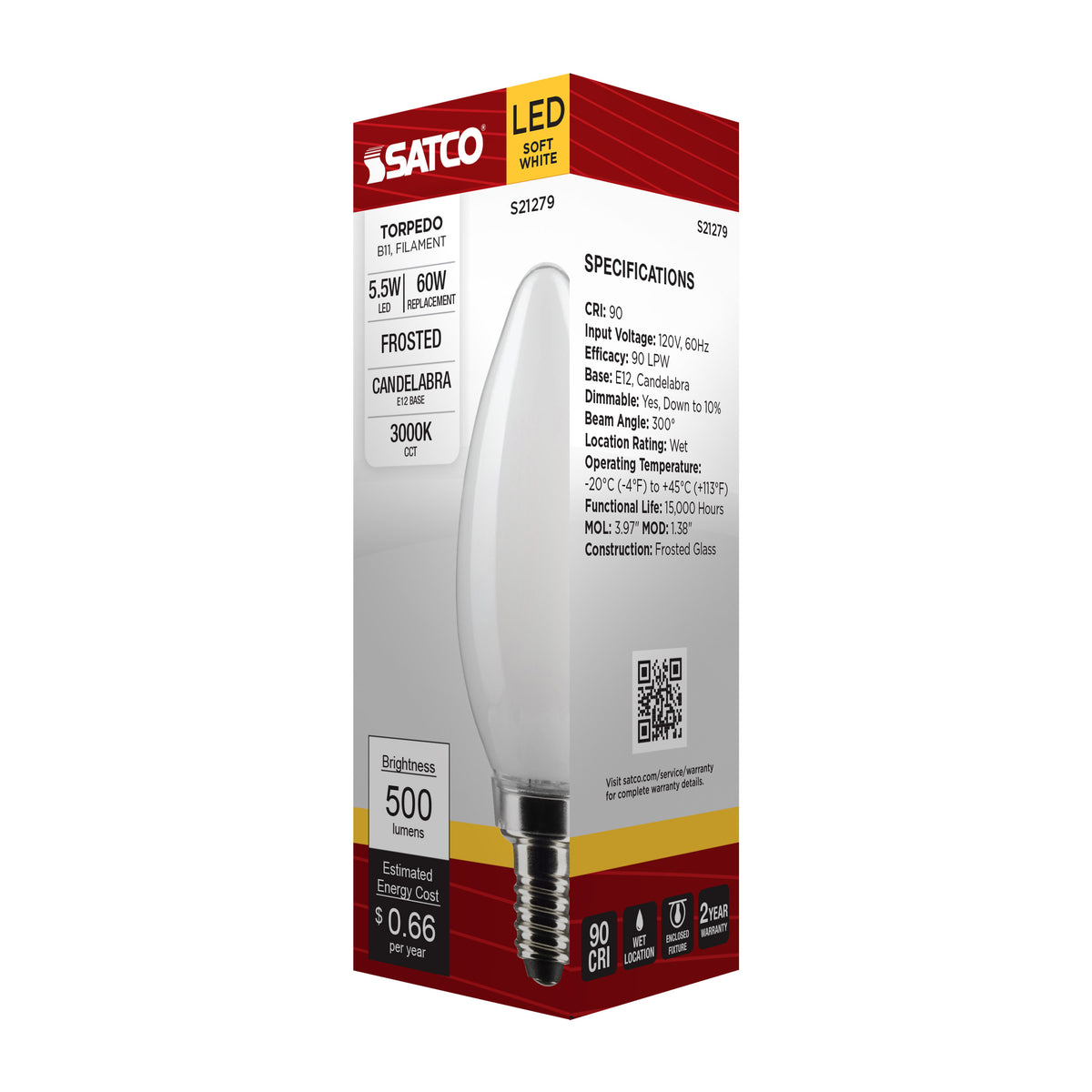 5.5 Watt B11 LED Filament - Frost - Candelabra base - 90 CRI - 3000K - 120 Volt