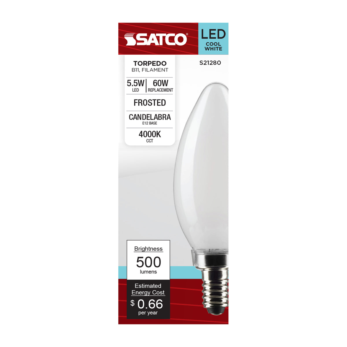 5.5 Watt B11 LED Filament - Frost - Candelabra base - 90 CRI - 4000K - 120 Volt