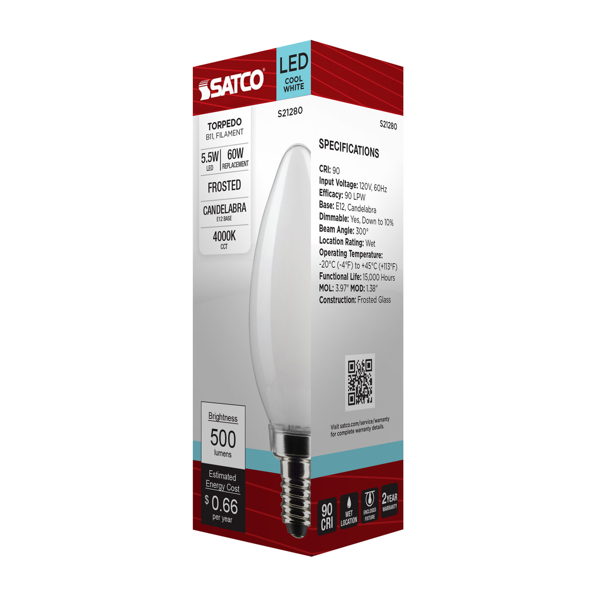 5.5 Watt B11 LED Filament - Frost - Candelabra base - 90 CRI - 4000K - 120 Volt