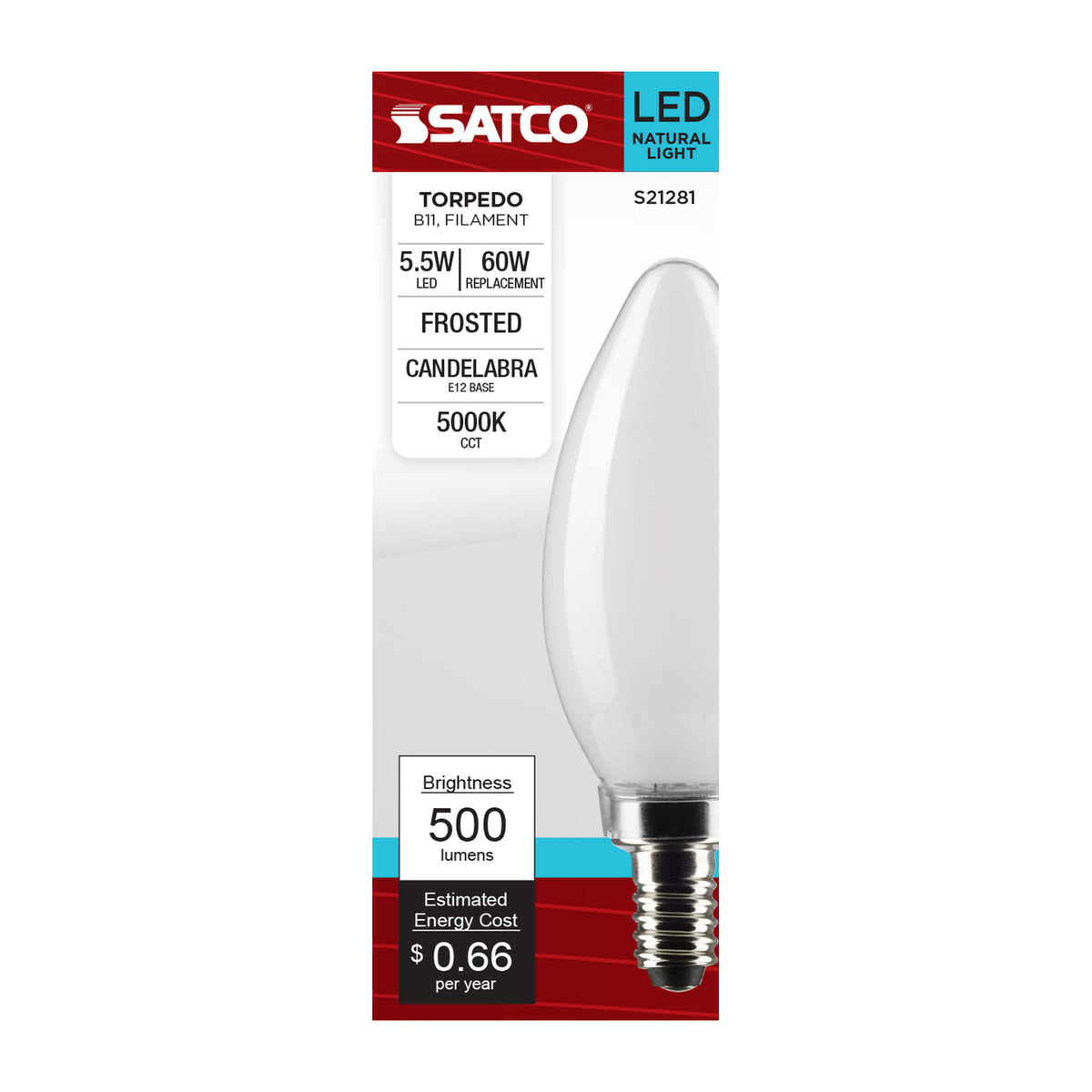 5.5 Watt B11 LED Filament - Frost - Candelabra base - 90 CRI - 5000K - 120 Volt