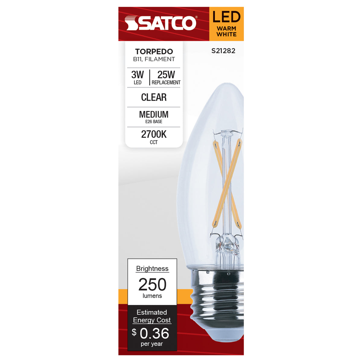 3 Watt B11 LED Filament - Clear - Medium base - 90 CRI - 2700K - 120 Volt