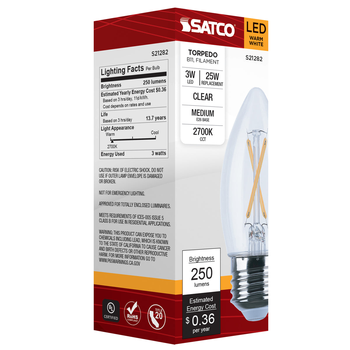3 Watt B11 LED Filament - Clear - Medium base - 90 CRI - 2700K - 120 Volt