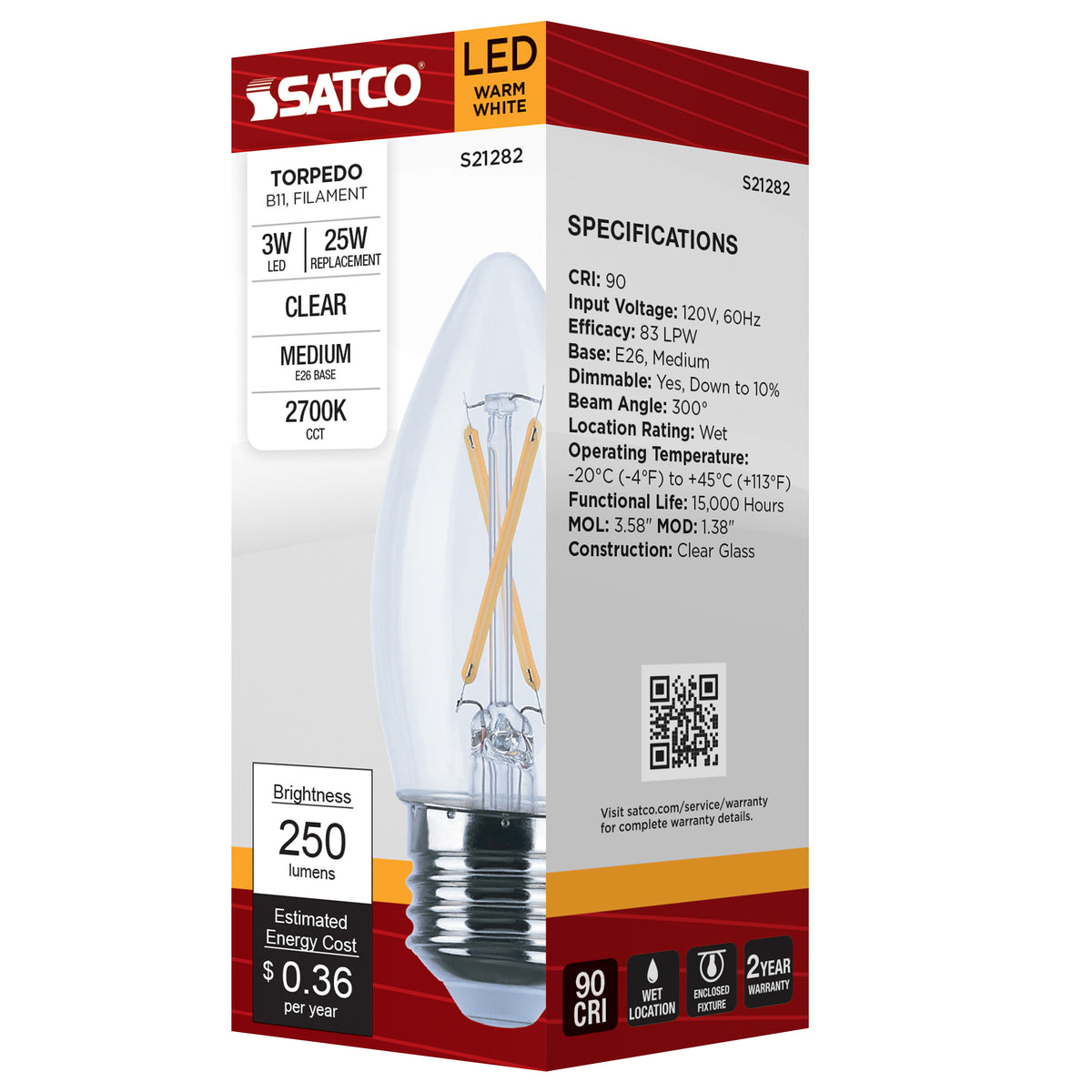 3 Watt B11 LED Filament - Clear - Medium base - 90 CRI - 2700K - 120 Volt