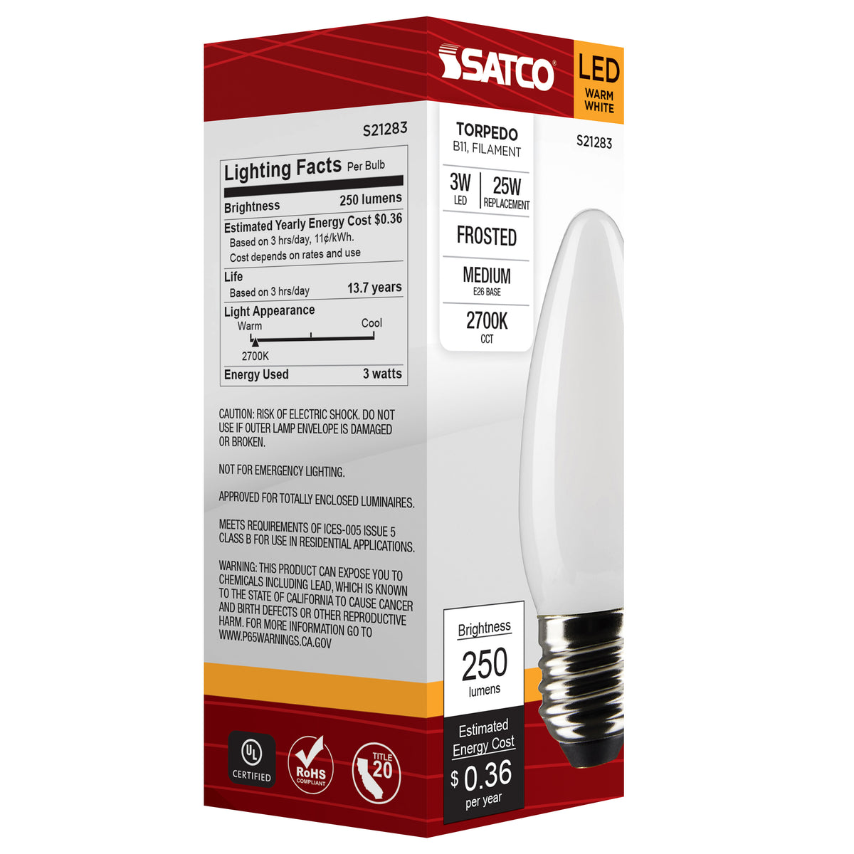 3 Watt B11 LED Filament - Frost - Medium base - 90 CRI - 2700K - 120 Volt