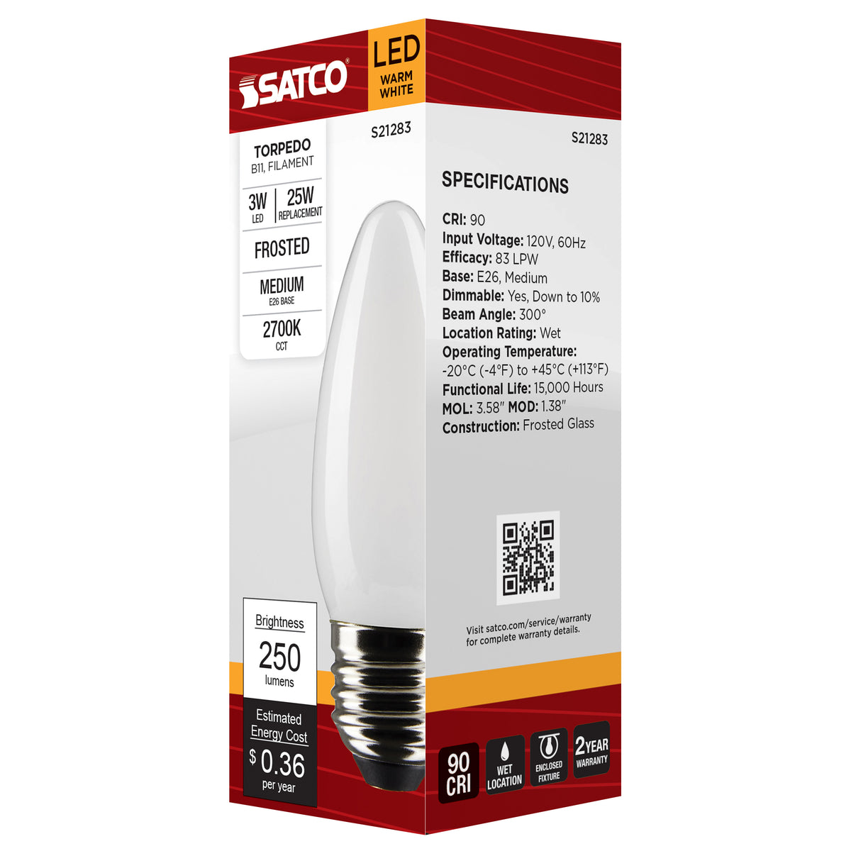 3 Watt B11 LED Filament - Frost - Medium base - 90 CRI - 2700K - 120 Volt