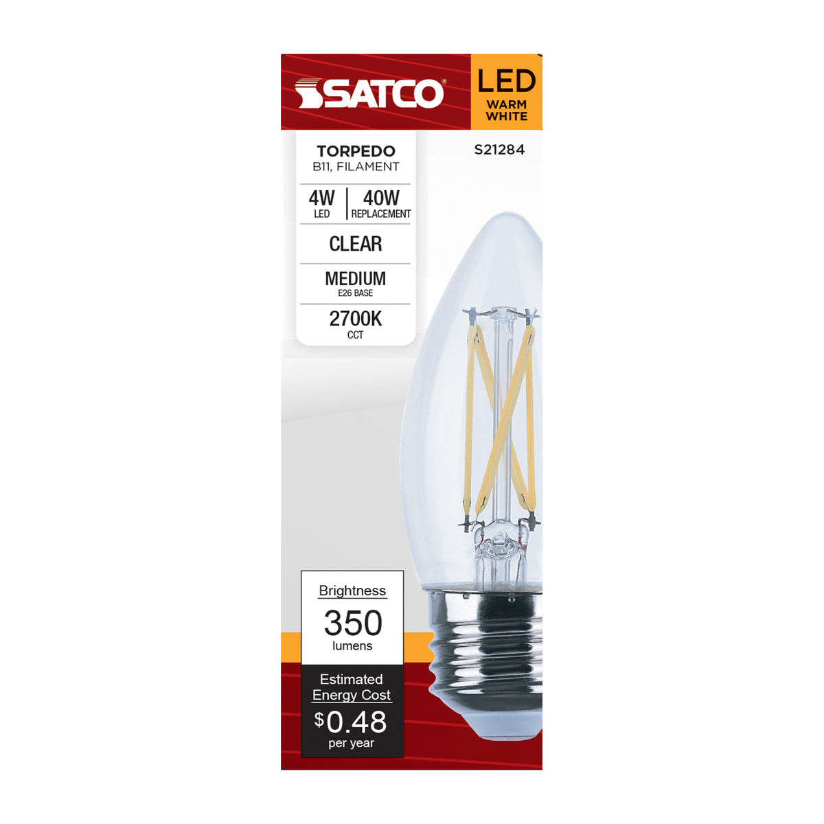 4 Watt B11 LED Filament - Clear - Medium base - 90 CRI - 2700K - 120 Volt