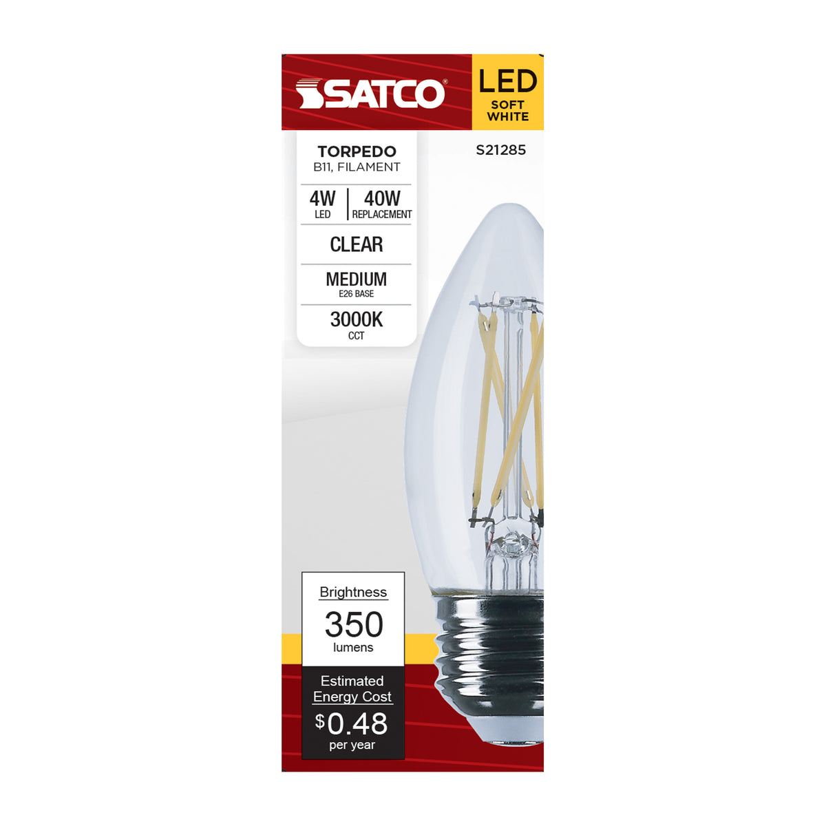4 Watt B11 LED Filament - Clear - Medium base - 90 CRI - 3000K - 120 Volt
