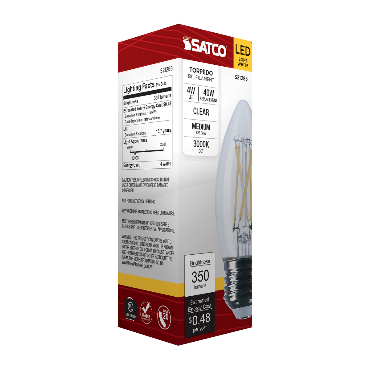 4 Watt B11 LED Filament - Clear - Medium base - 90 CRI - 3000K - 120 Volt