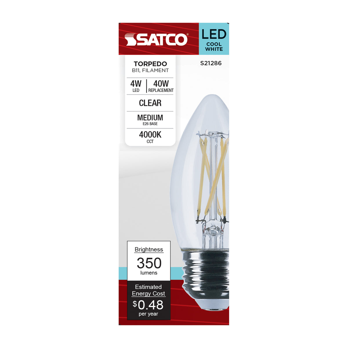 4 Watt B11 LED Filament - Clear - Medium base - 90 CRI - 4000K - 120 Volt