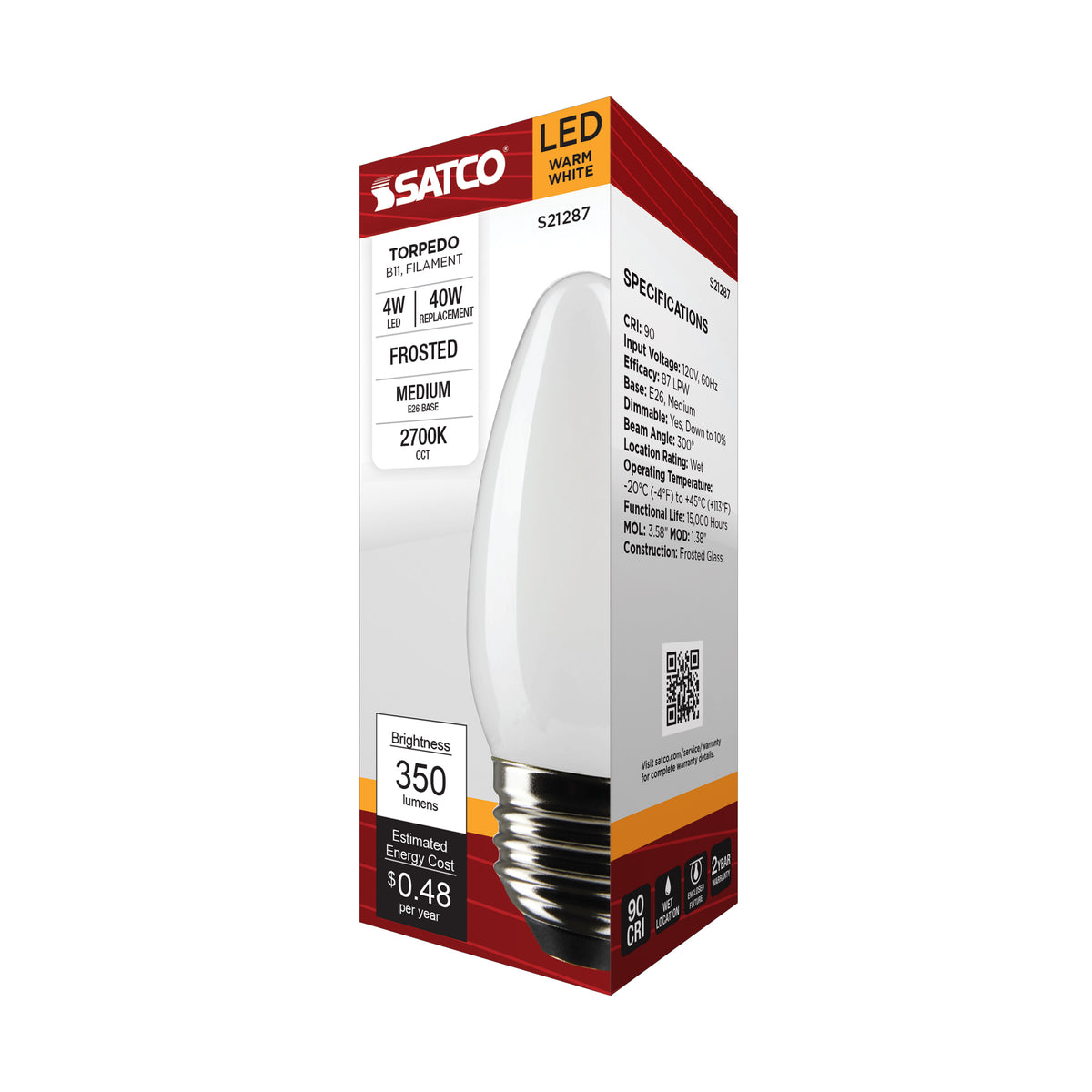 4 Watt B11 LED Filament - Frost - Medium base - 90 CRI - 2700K - 120 Volt