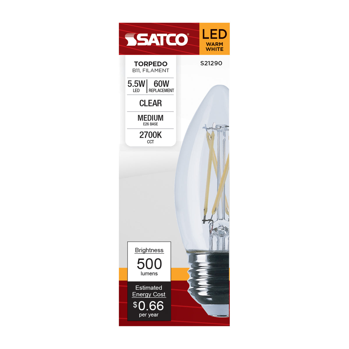 5.5 Watt B11 LED Filament - Clear - Medium base - 90 CRI - 2700K - 120 Volt