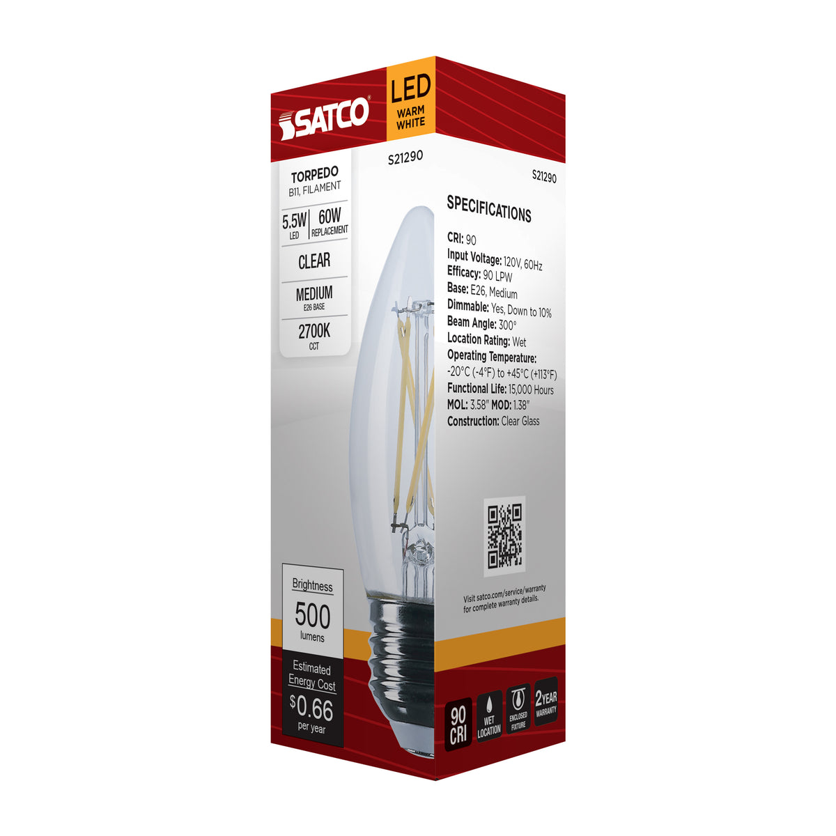 5.5 Watt B11 LED Filament - Clear - Medium base - 90 CRI - 2700K - 120 Volt