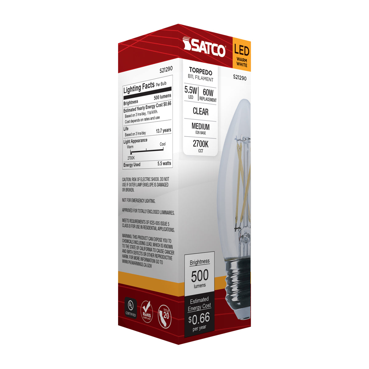 5.5 Watt B11 LED Filament - Clear - Medium base - 90 CRI - 2700K - 120 Volt