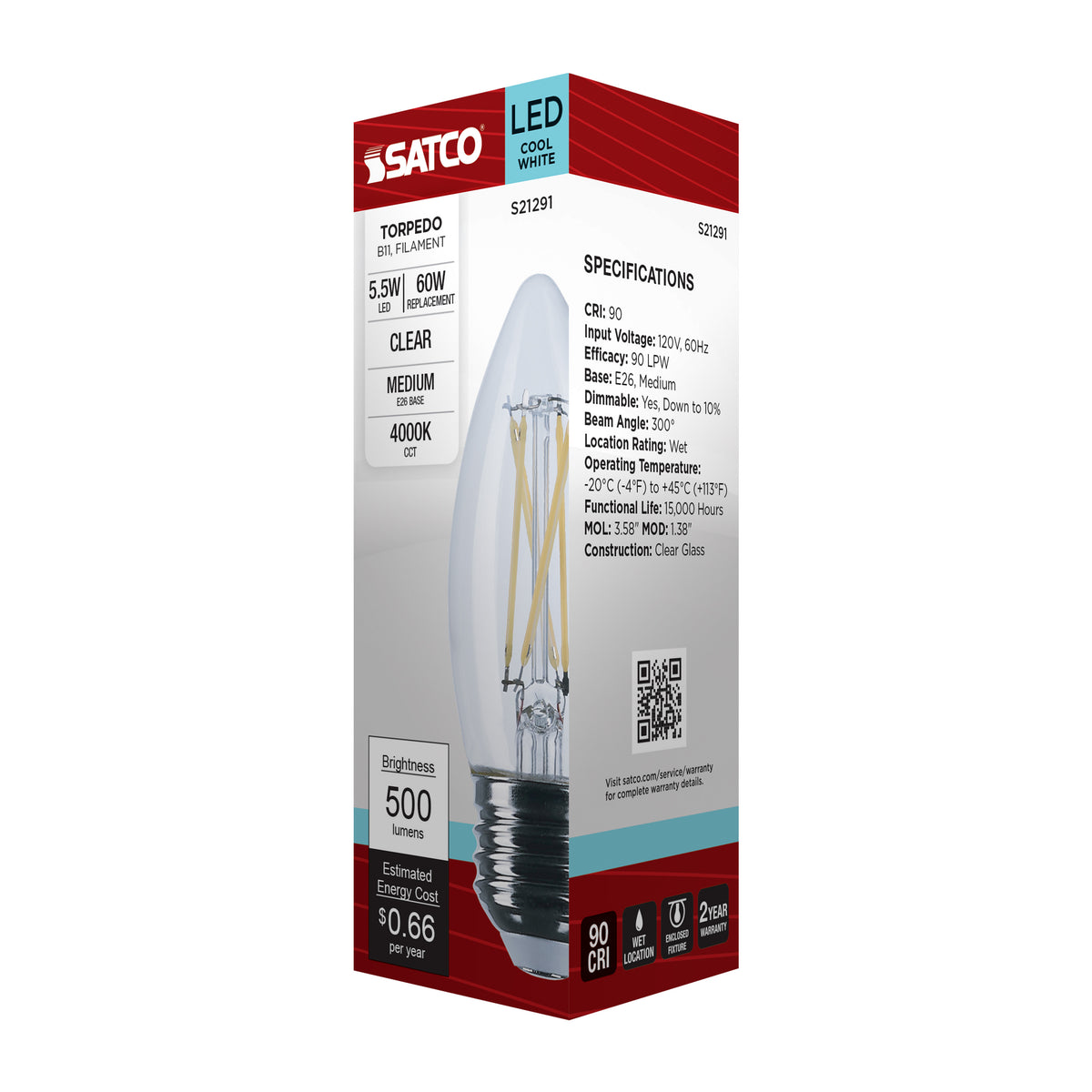 5.5 Watt B11 LED Filament - Clear - Medium base - 90 CRI - 4000K - 120 Volt