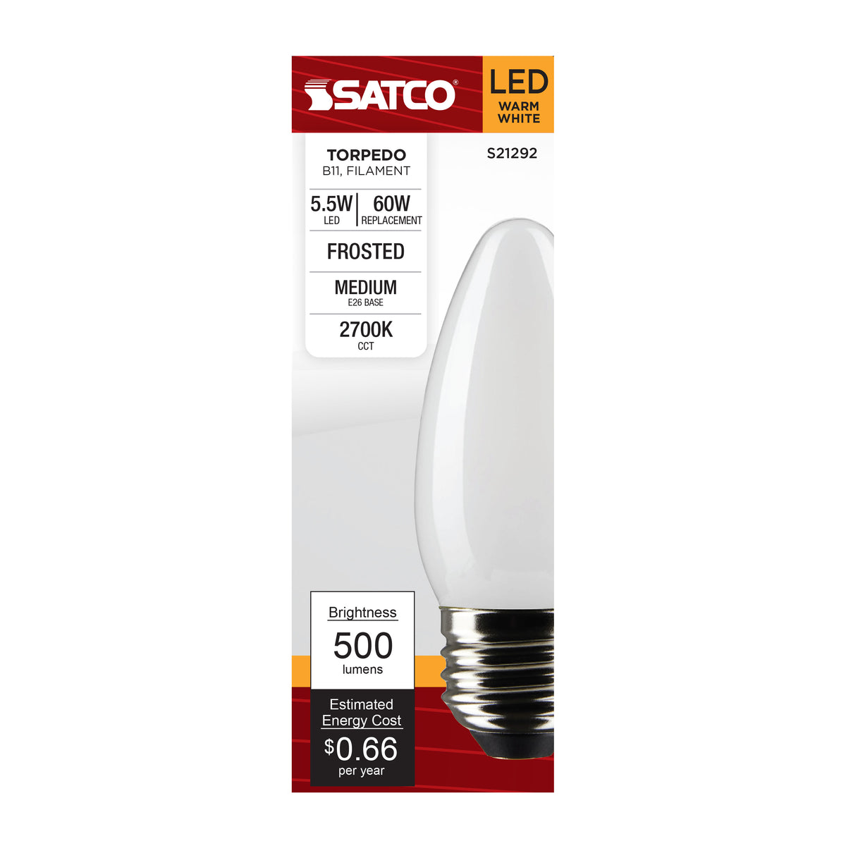 5.5 Watt B11 LED Filament - Frost - Medium base - 90 CRI - 2700K - 120 Volt