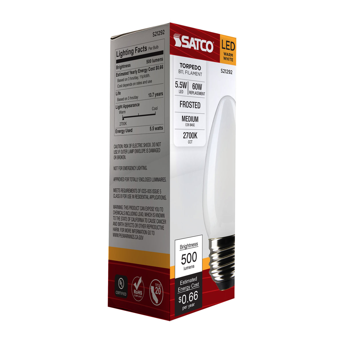 5.5 Watt B11 LED Filament - Frost - Medium base - 90 CRI - 2700K - 120 Volt