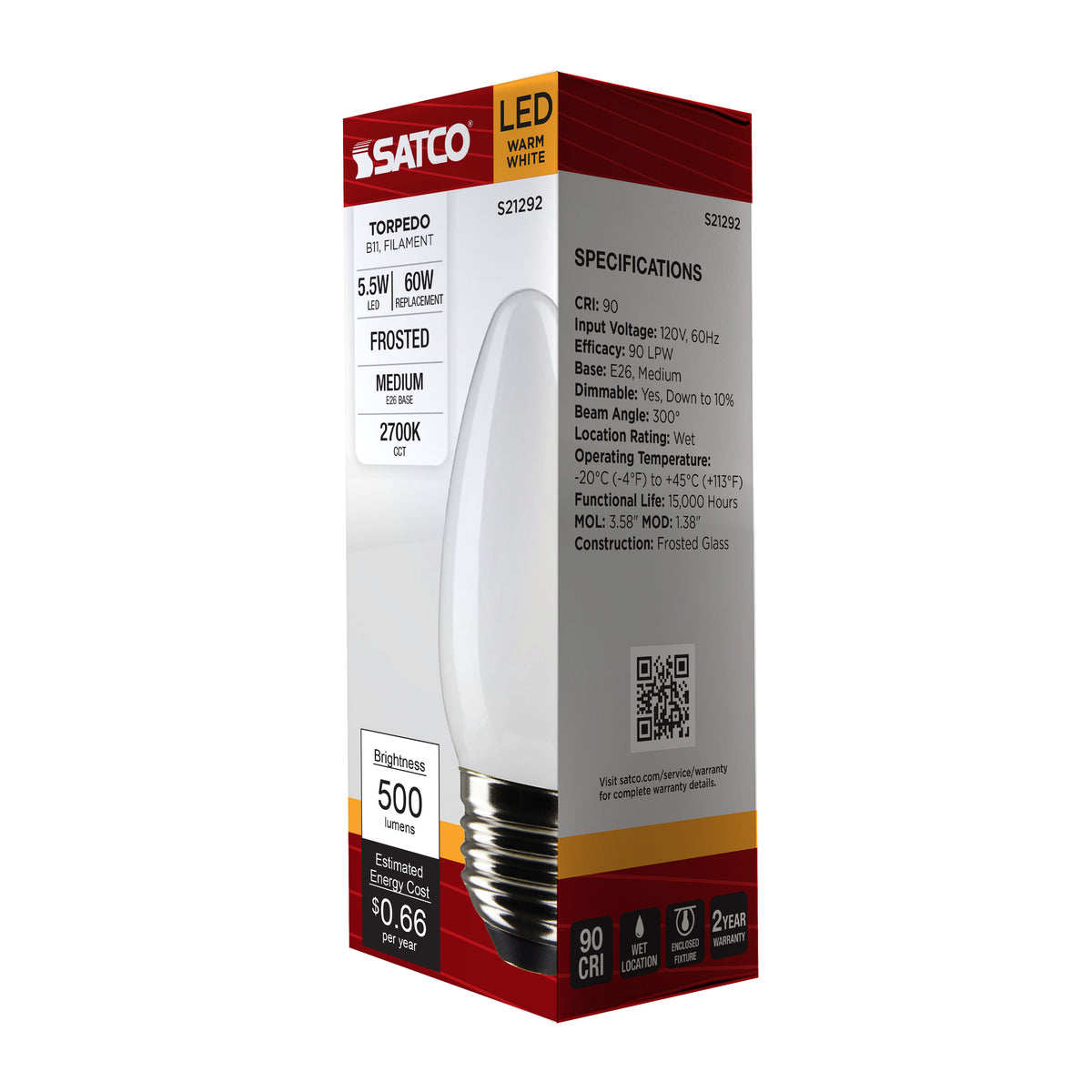 5.5 Watt B11 LED Filament - Frost - Medium base - 90 CRI - 2700K - 120 Volt