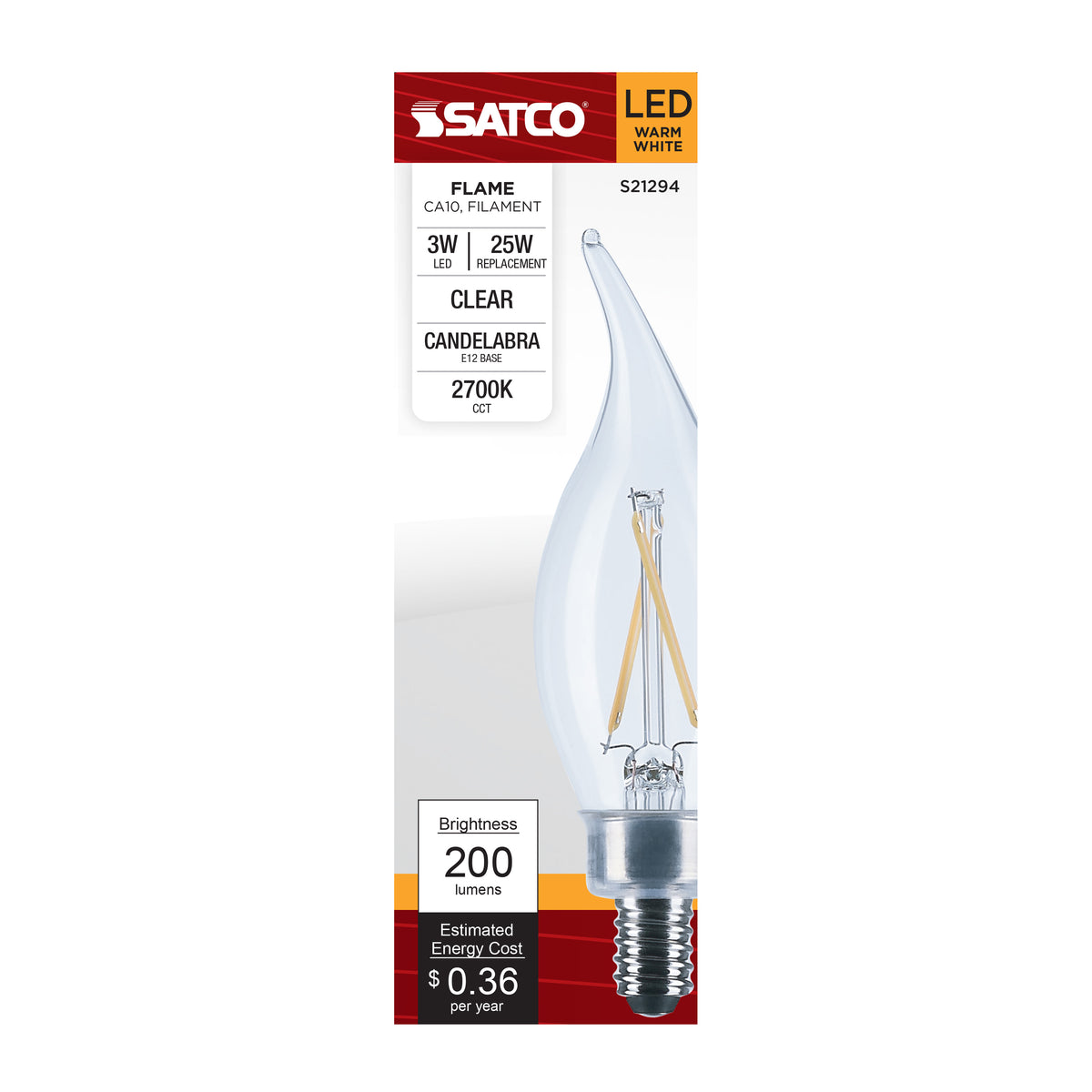 3 Watt CA10 LED Filament - Clear - Candelabra base - 90 CRI - 2700K - 120 Volt
