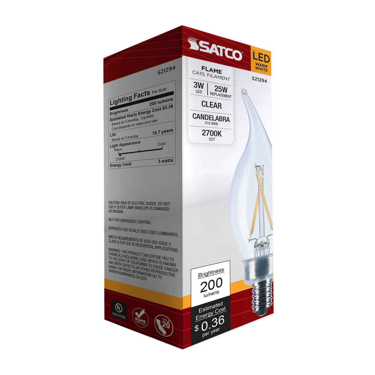 3 Watt CA10 LED Filament - Clear - Candelabra base - 90 CRI - 2700K - 120 Volt