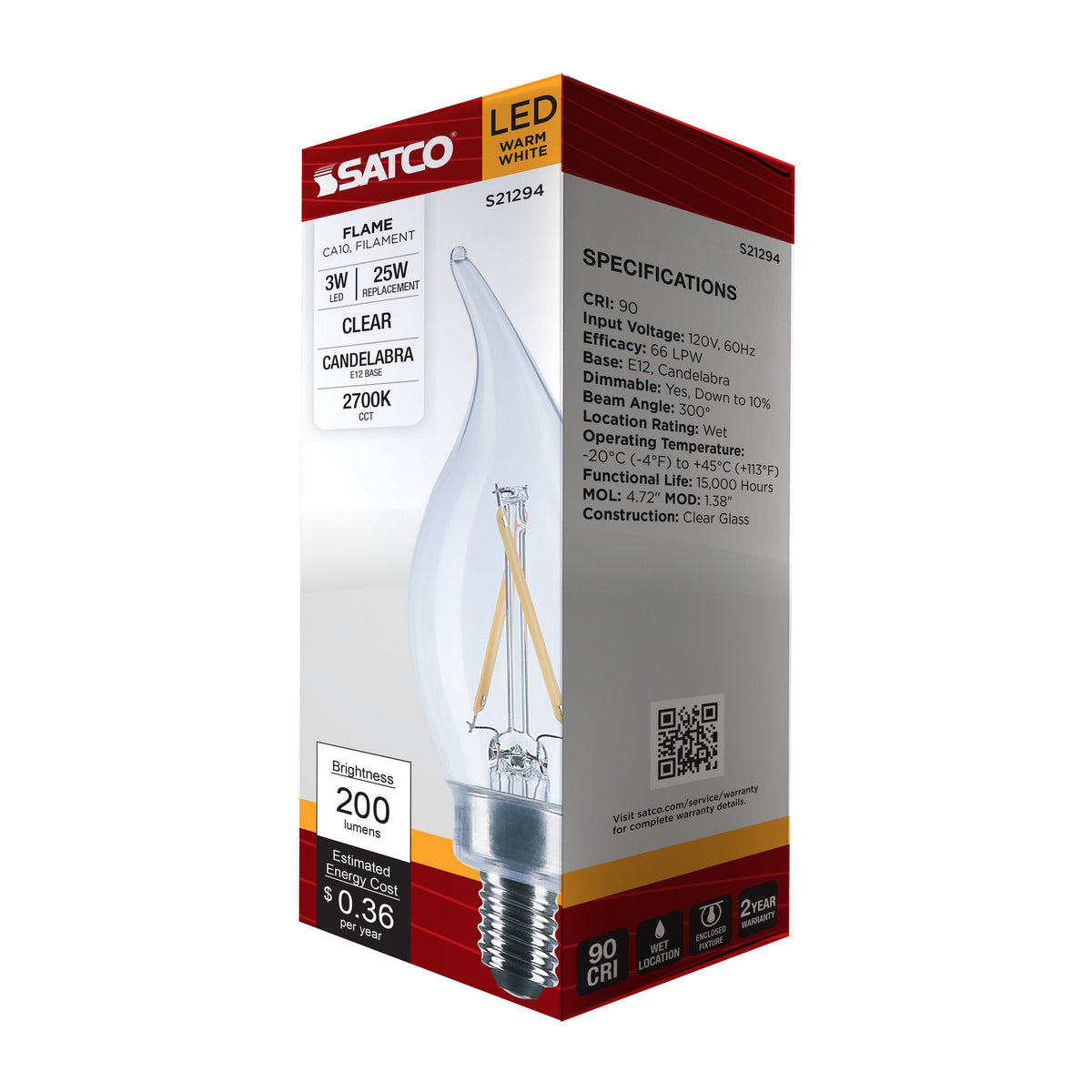 3 Watt CA10 LED Filament - Clear - Candelabra base - 90 CRI - 2700K - 120 Volt