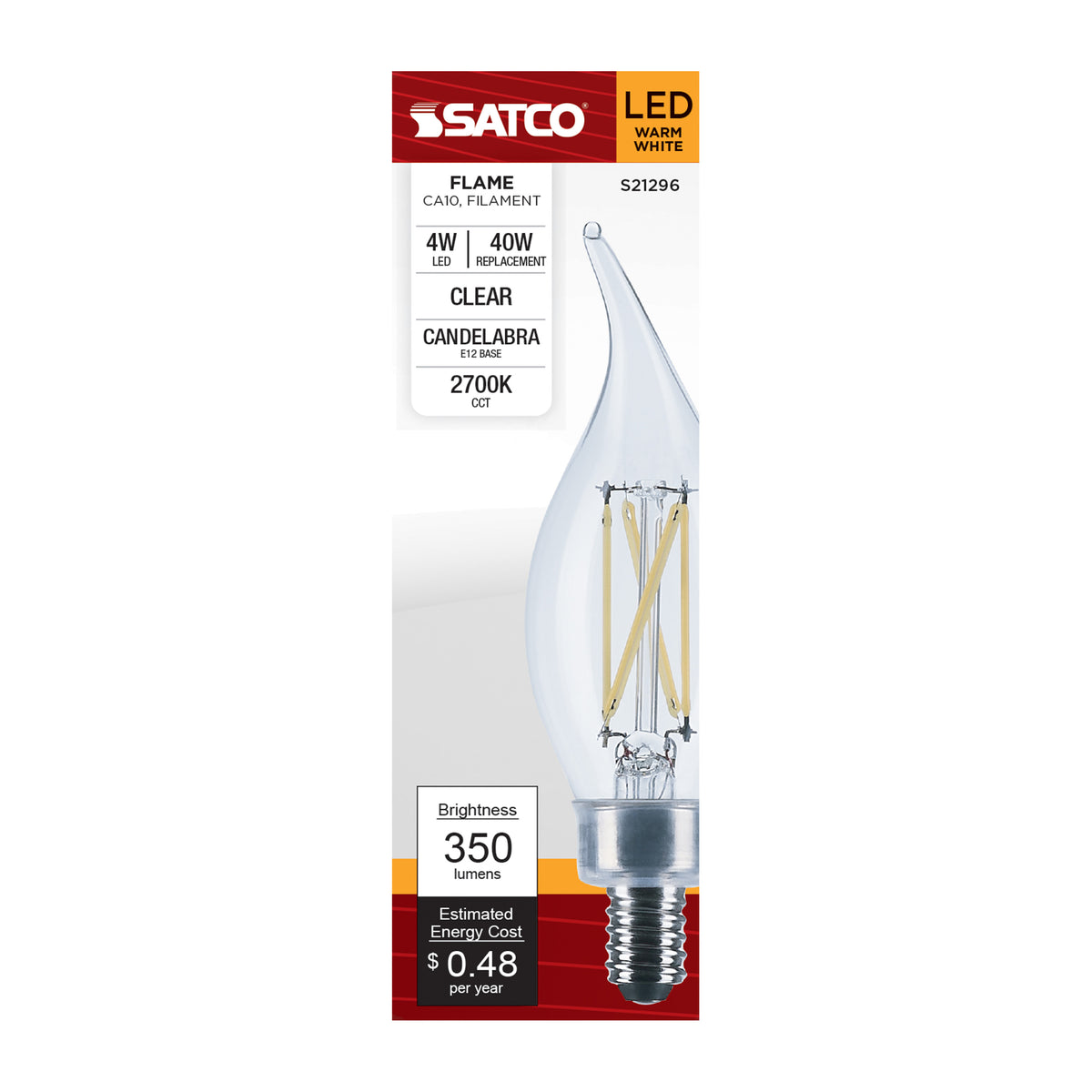 4 Watt CA10 LED Filament - Clear - Candelabra base - 90 CRI - 2700K - 120 Volt