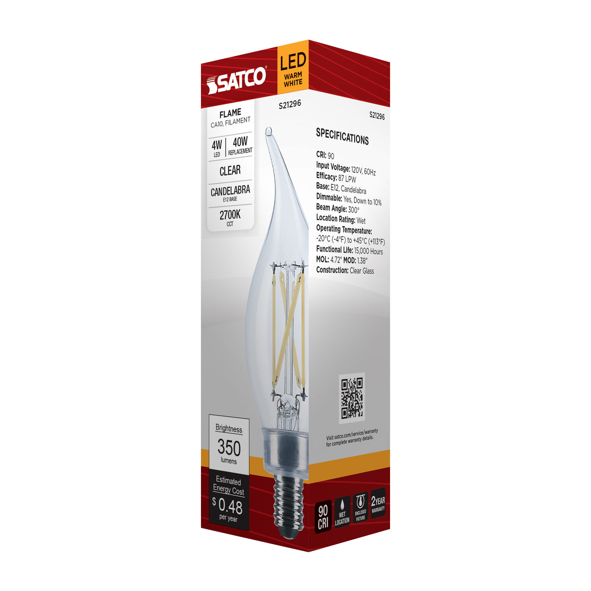 4 Watt CA10 LED Filament - Clear - Candelabra base - 90 CRI - 2700K - 120 Volt