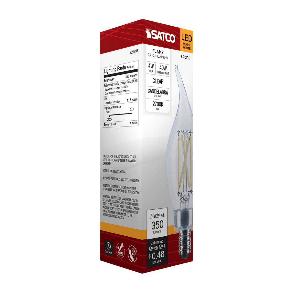 4 Watt CA10 LED Filament - Clear - Candelabra base - 90 CRI - 2700K - 120 Volt