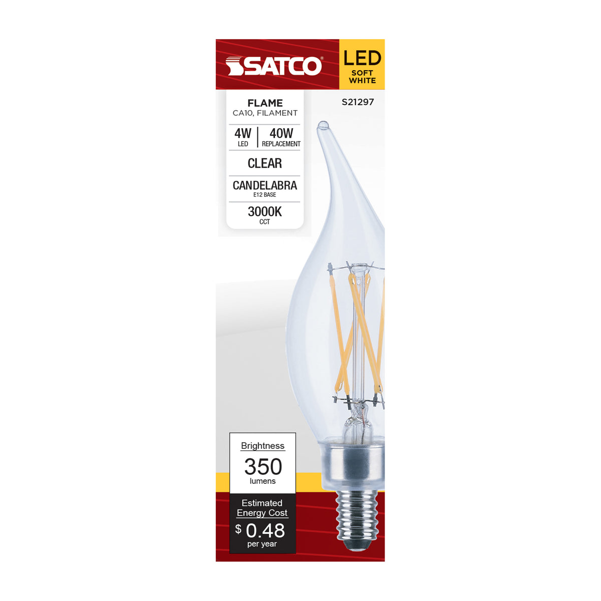 4 Watt CA10 LED Filament - Clear - Candelabra base - 90 CRI - 3000K - 120 Volt