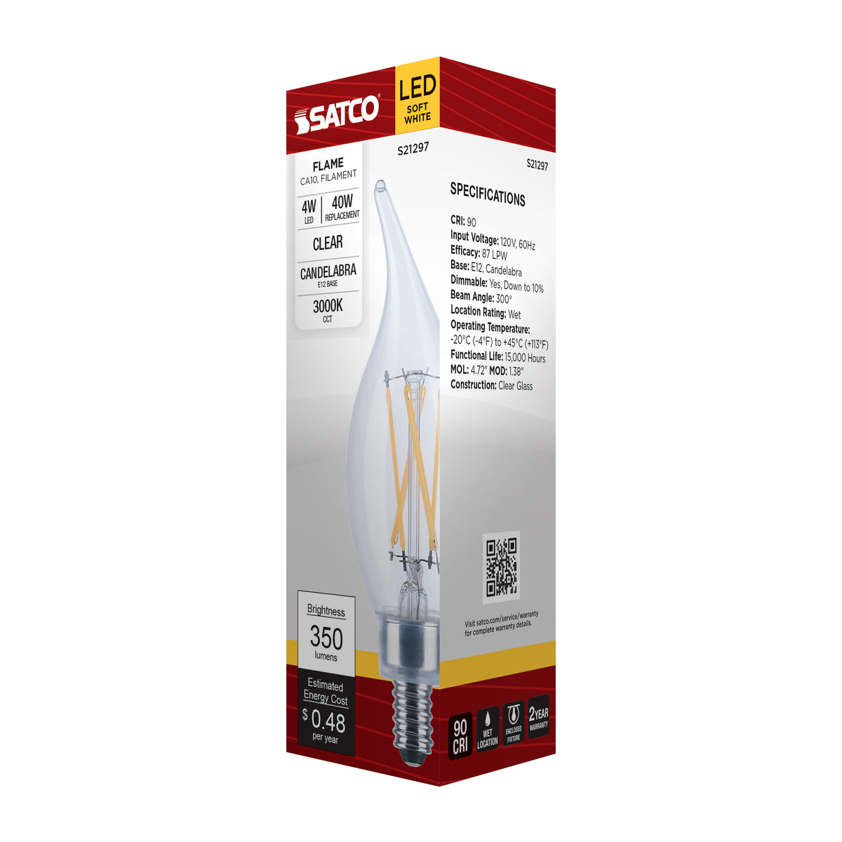 4 Watt CA10 LED Filament - Clear - Candelabra base - 90 CRI - 3000K - 120 Volt