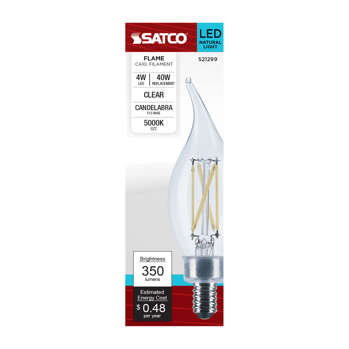 4 Watt CA10 LED Filament - Clear - Candelabra base - 90 CRI - 5000K - 120 Volt