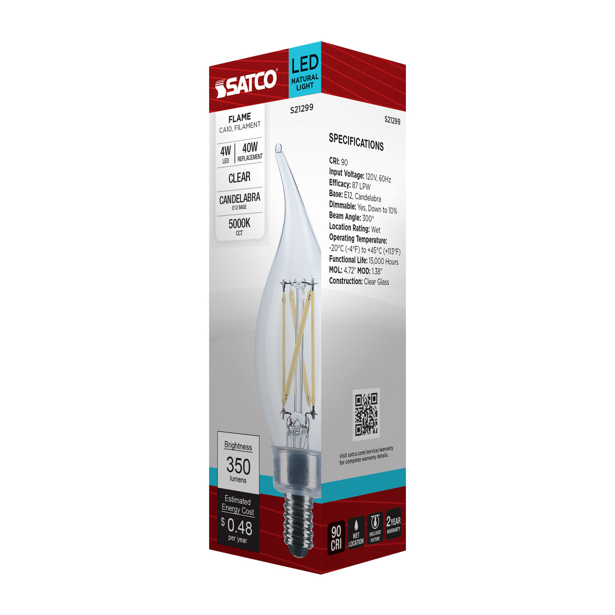4 Watt CA10 LED Filament - Clear - Candelabra base - 90 CRI - 5000K - 120 Volt