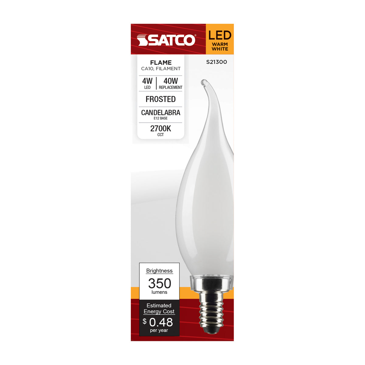 4 Watt CA10 LED Filament - Frost - Candelabra base - 90 CRI - 2700K - 120 Volt
