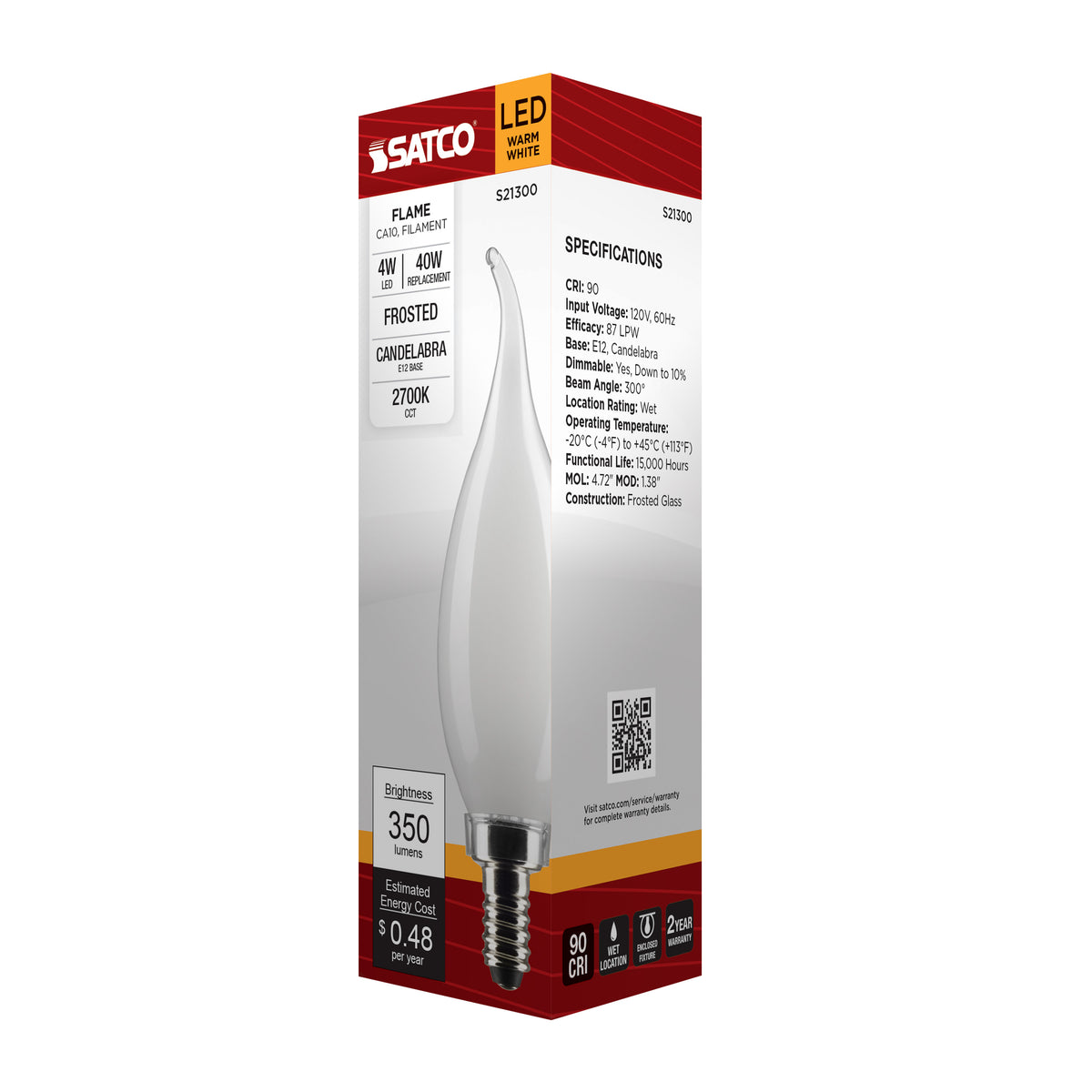 4 Watt CA10 LED Filament - Frost - Candelabra base - 90 CRI - 2700K - 120 Volt