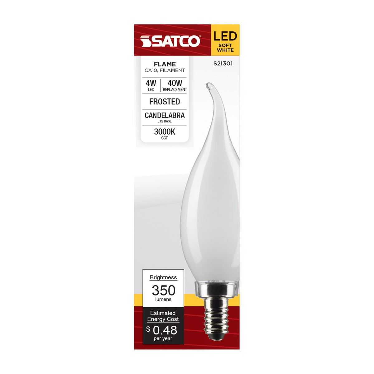 4 Watt CA10 LED Filament - Frost - Candelabra base - 90 CRI - 3000K - 120 Volt