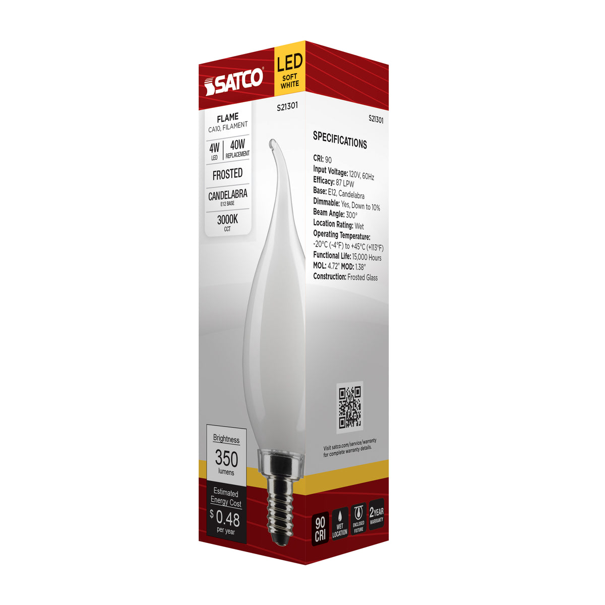 4 Watt CA10 LED Filament - Frost - Candelabra base - 90 CRI - 3000K - 120 Volt