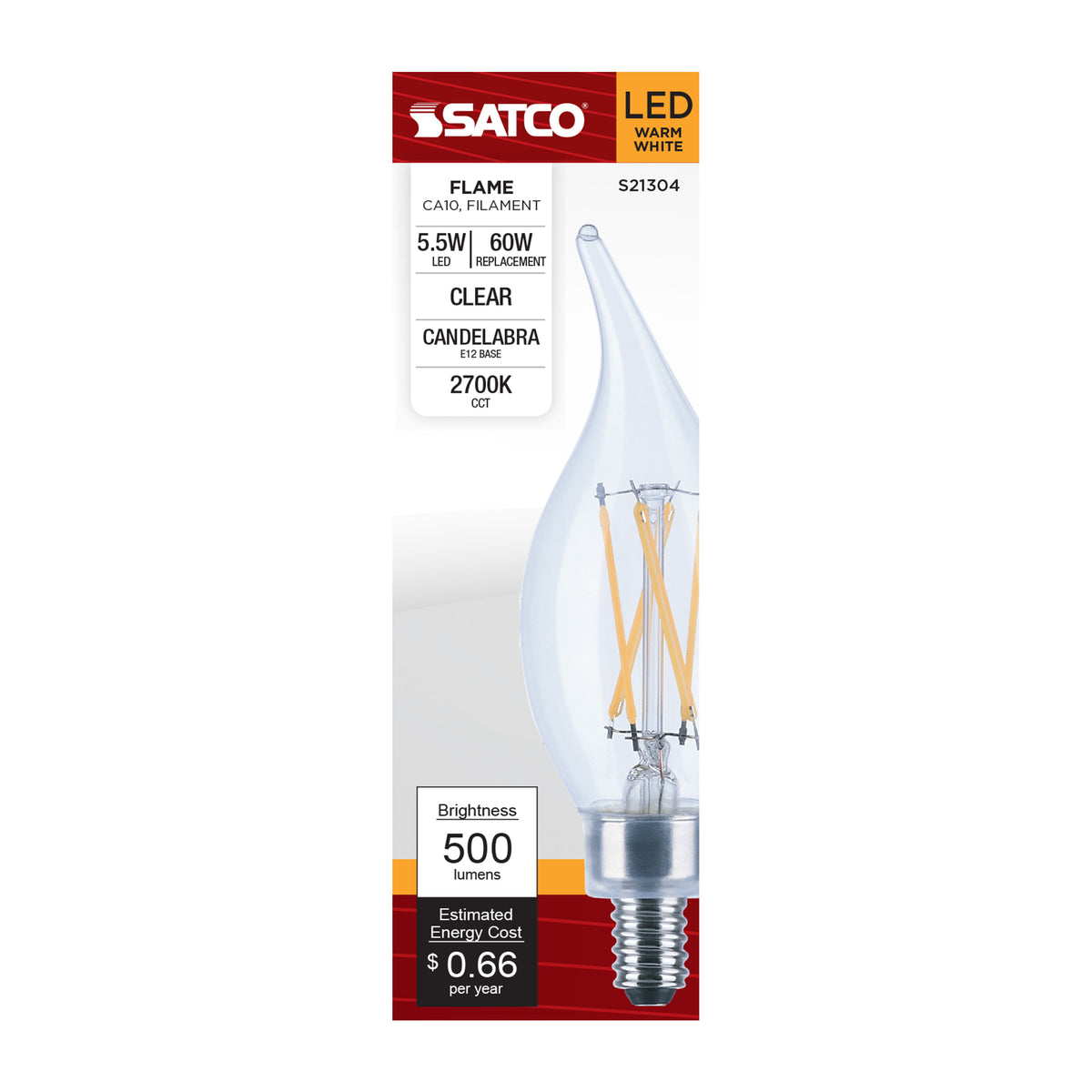 5.5 Watt CA10 LED Filament - Clear - Candelabra base - 90 CRI - 2700K - 120 Volt