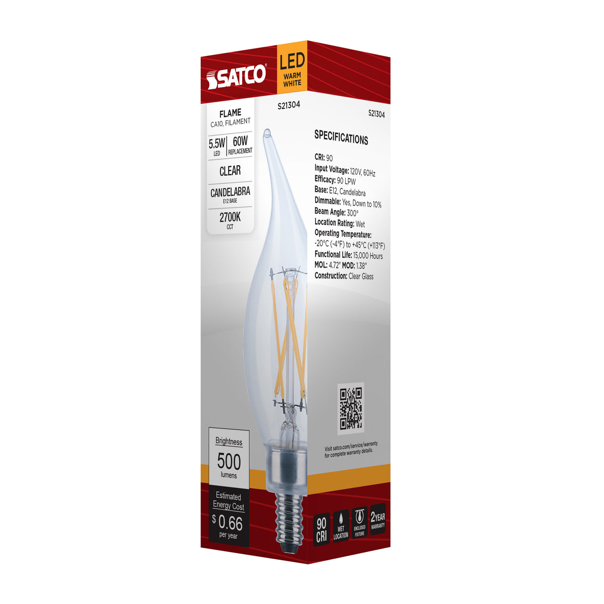 5.5 Watt CA10 LED Filament - Clear - Candelabra base - 90 CRI - 2700K - 120 Volt