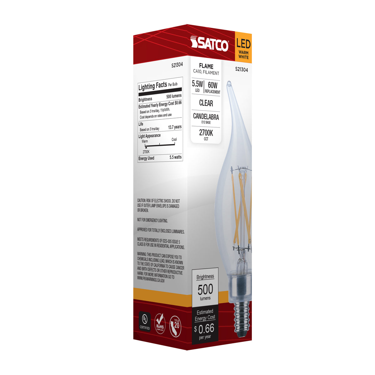 5.5 Watt CA10 LED Filament - Clear - Candelabra base - 90 CRI - 2700K - 120 Volt