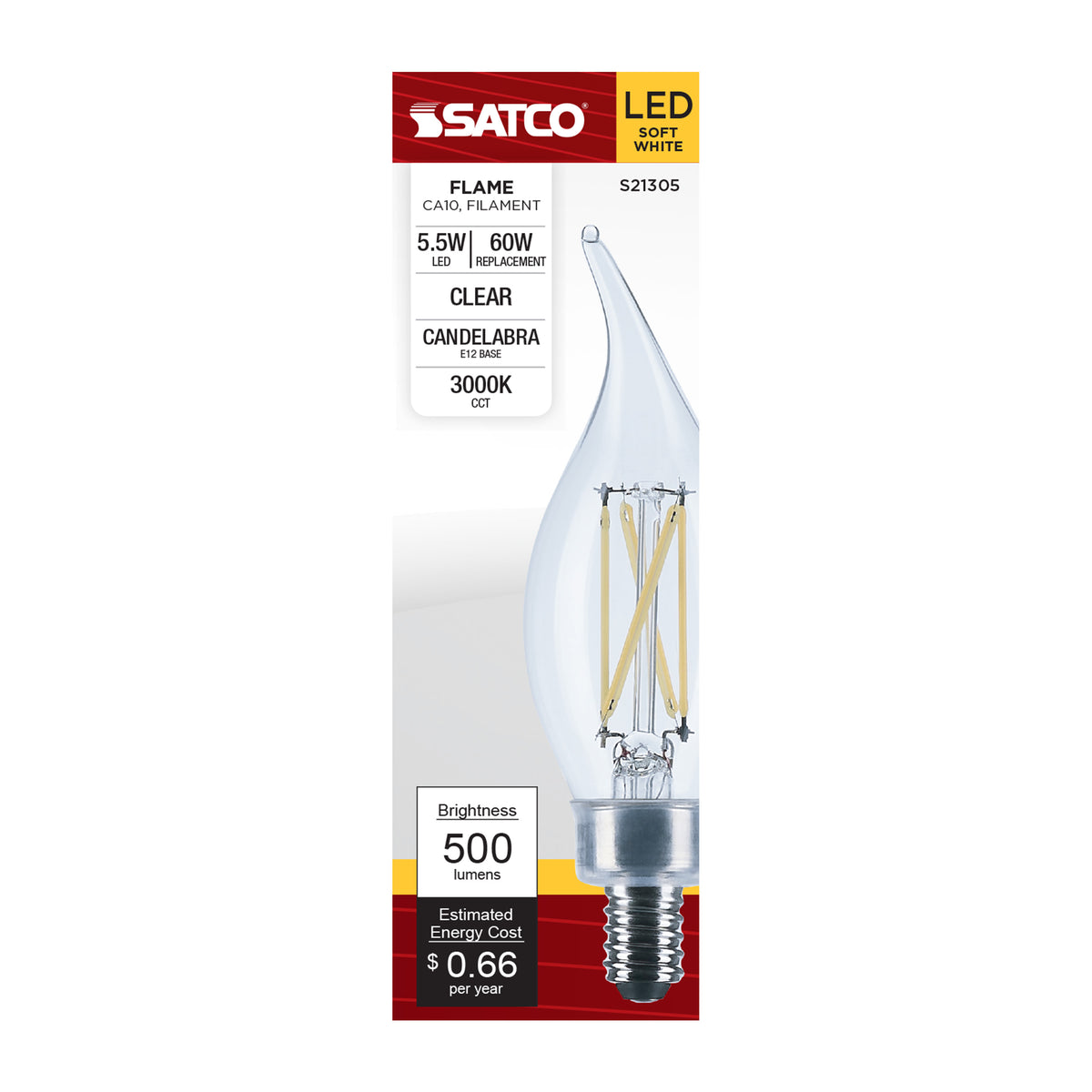 5.5 Watt CA10 LED Filament - Clear - Candelabra base - 90 CRI - 3000K - 120 Volt