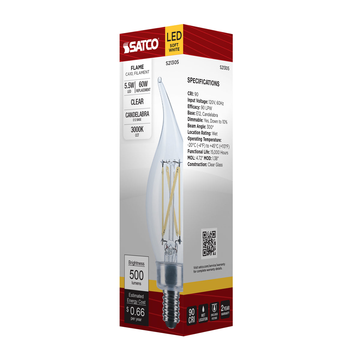 5.5 Watt CA10 LED Filament - Clear - Candelabra base - 90 CRI - 3000K - 120 Volt