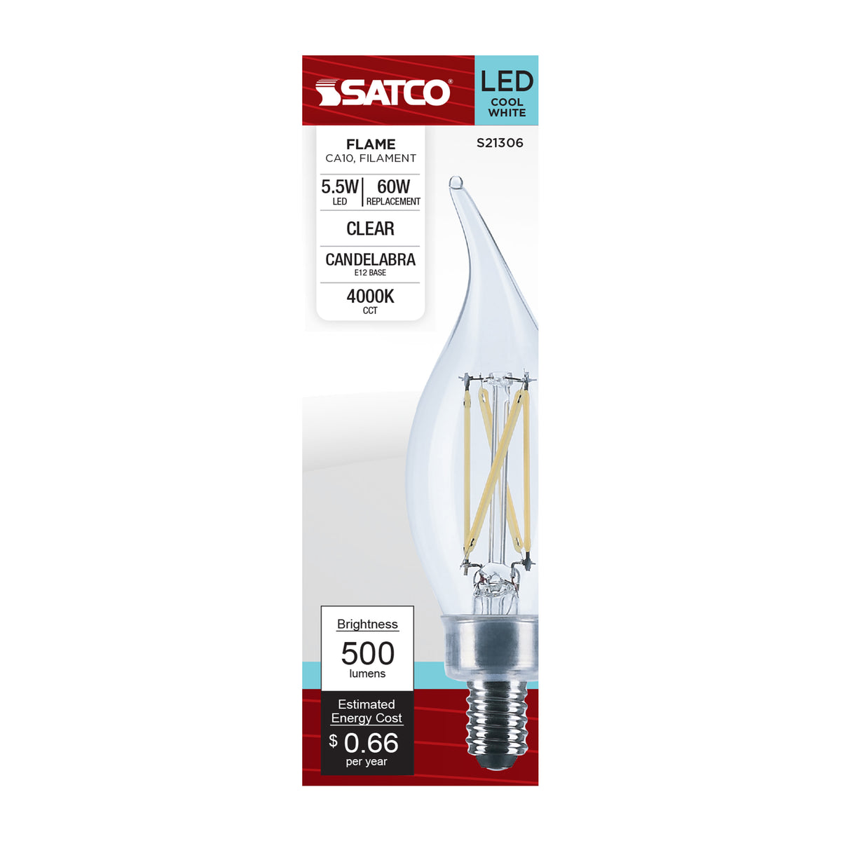 5.5 Watt CA10 LED Filament - Clear - Candelabra base - 90 CRI - 4000K - 120 Volt